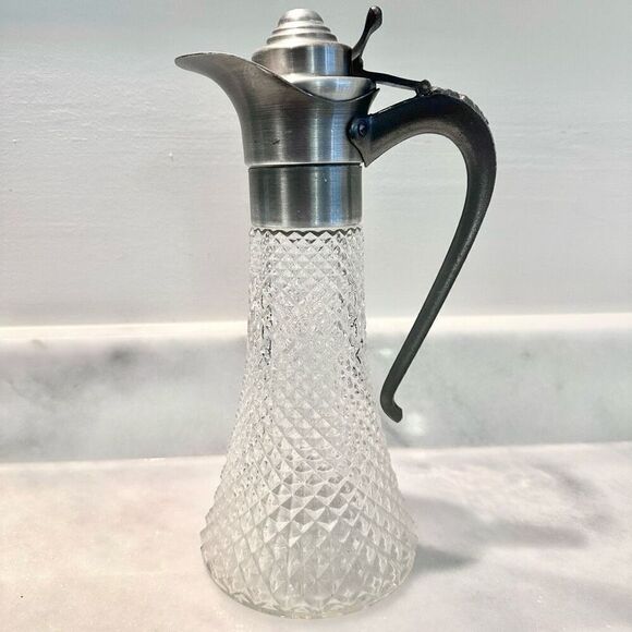 Antique Crystal Crosshatch Diamond Point Glass Pewter Lid & Handle Pitcher Decan - Picture 1 of 2